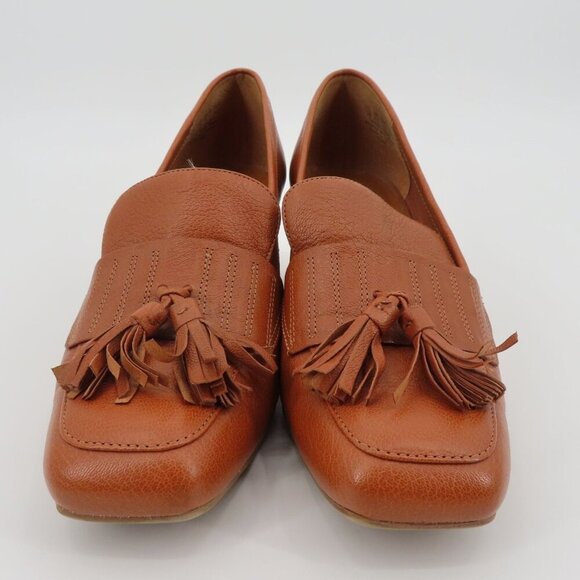 Franco Sarto Women 7.5 M ROME Cognac Brown Leather Tassel Gold Trim Loafer Heels - Picture 4 of 13